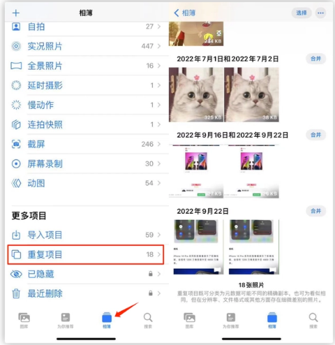 南沙苹果手机维修分享iOS 16 中相册重复项目功能使用方法 